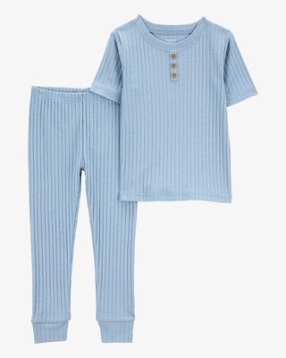 Product image 1 of Toddler Solid Ribbed Cotton Blend 2-Piece Pajamas - Blue