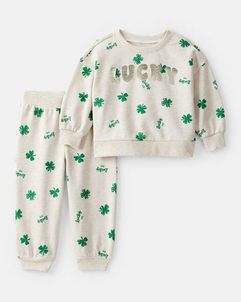 baby girl st. patrick's day french terry sweatshirt & pant set - cream