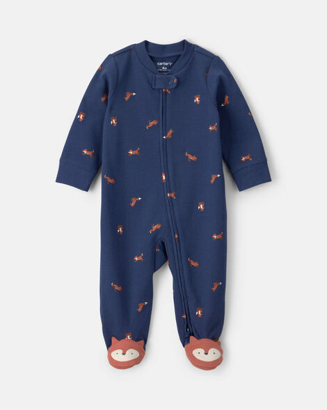 baby boy fox 100% cotton  2-way zip sleep & play pajamas - navy blue