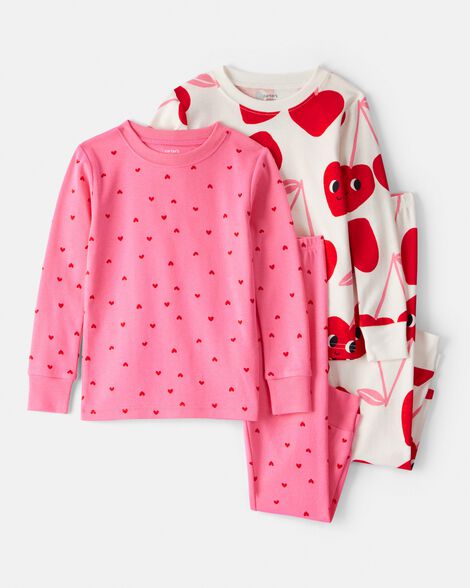 toddler girl cherry & heart 100% cotton snug fit 4-piece pajamas - pink/white