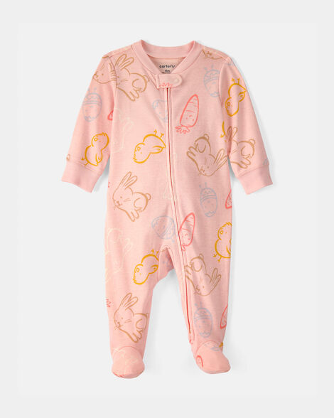 baby girl easter 100% cotton 2-way zip sleep & play pajama - pink
