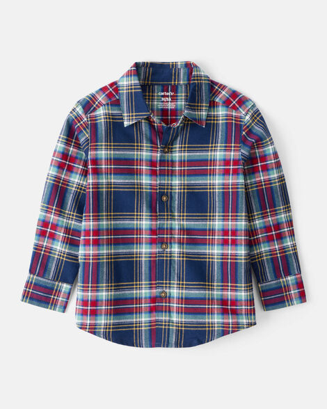 toddler boy plaid cotton long-sleeve button-down shirt - navy