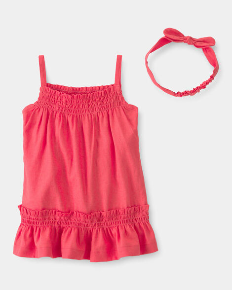 baby girl 2-piece linen sleeveless dress set - coral