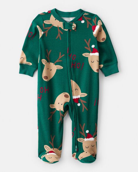 baby reindeer 100% cotton snug fit 2-way zip sleep & play pajamas - green