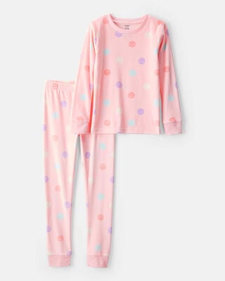 Girls Bow Print DreamPlush Long-Sleeve Snug Fit 2-Piece Pajamas - Pink