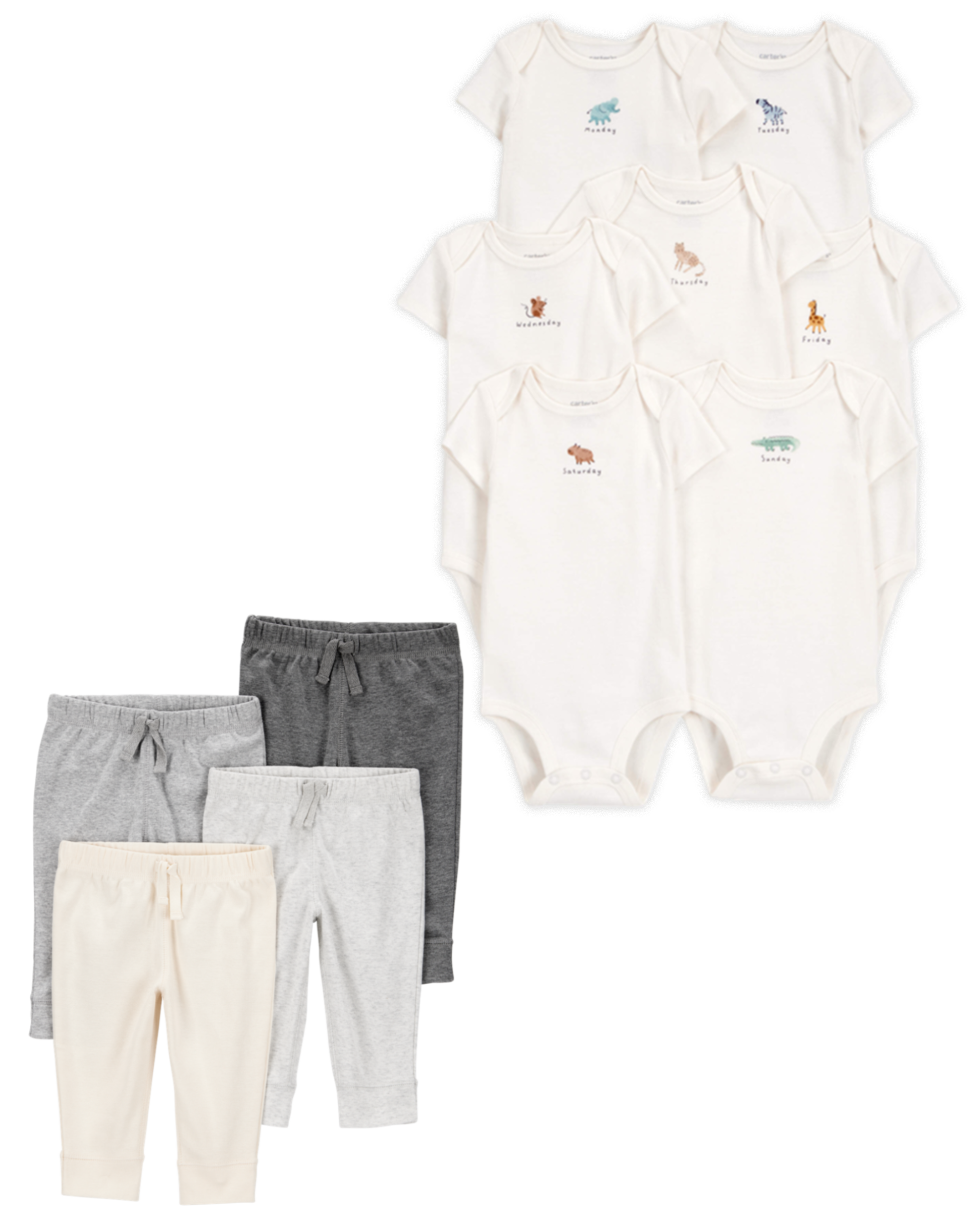 Baby 11-Piece Days Of The Week Short-Sleeve Bodysuits & Pull-On Pants Set - Ivory/Grey