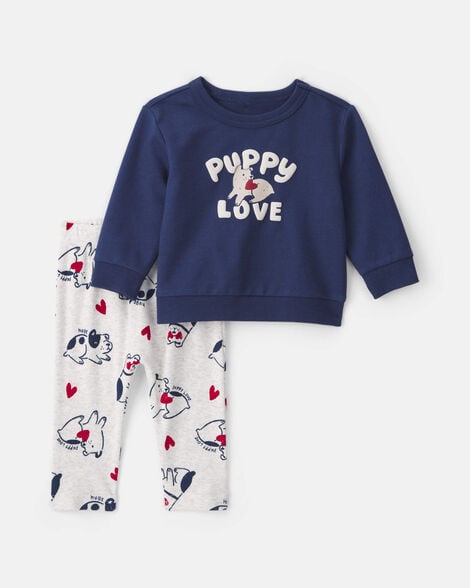 baby boy 2-piece 'puppy love' french terry long-sleeve top & pant set - navy blue/grey