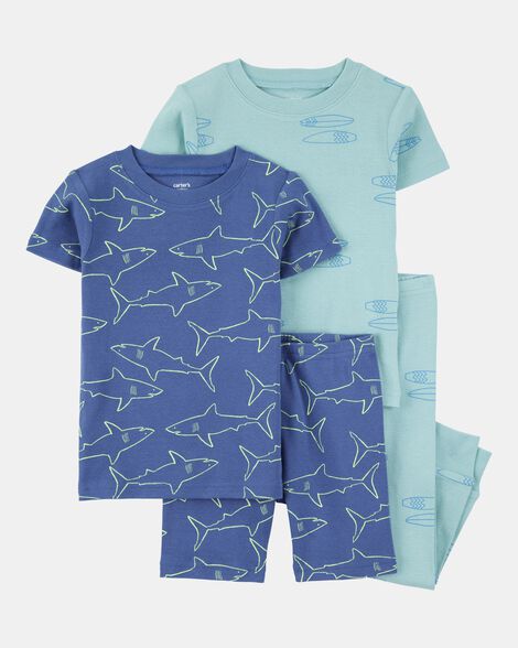toddler boy 4-piece shark surfboard 100% snug fit cotton pajamas - blue