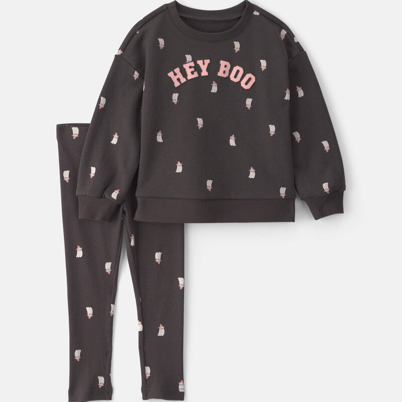 Baby Girl 'Hey Boo' Ghost French Terry Long-Sleeve Top & Pant Set - Black
