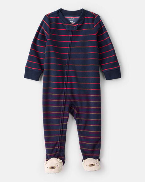 baby boy dog striped fleece loose fit 1-piece pajamas - navy
