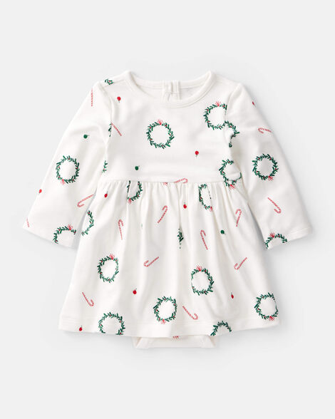 baby girl wreath print purelysoft short-sleeve bodysuit dress - white