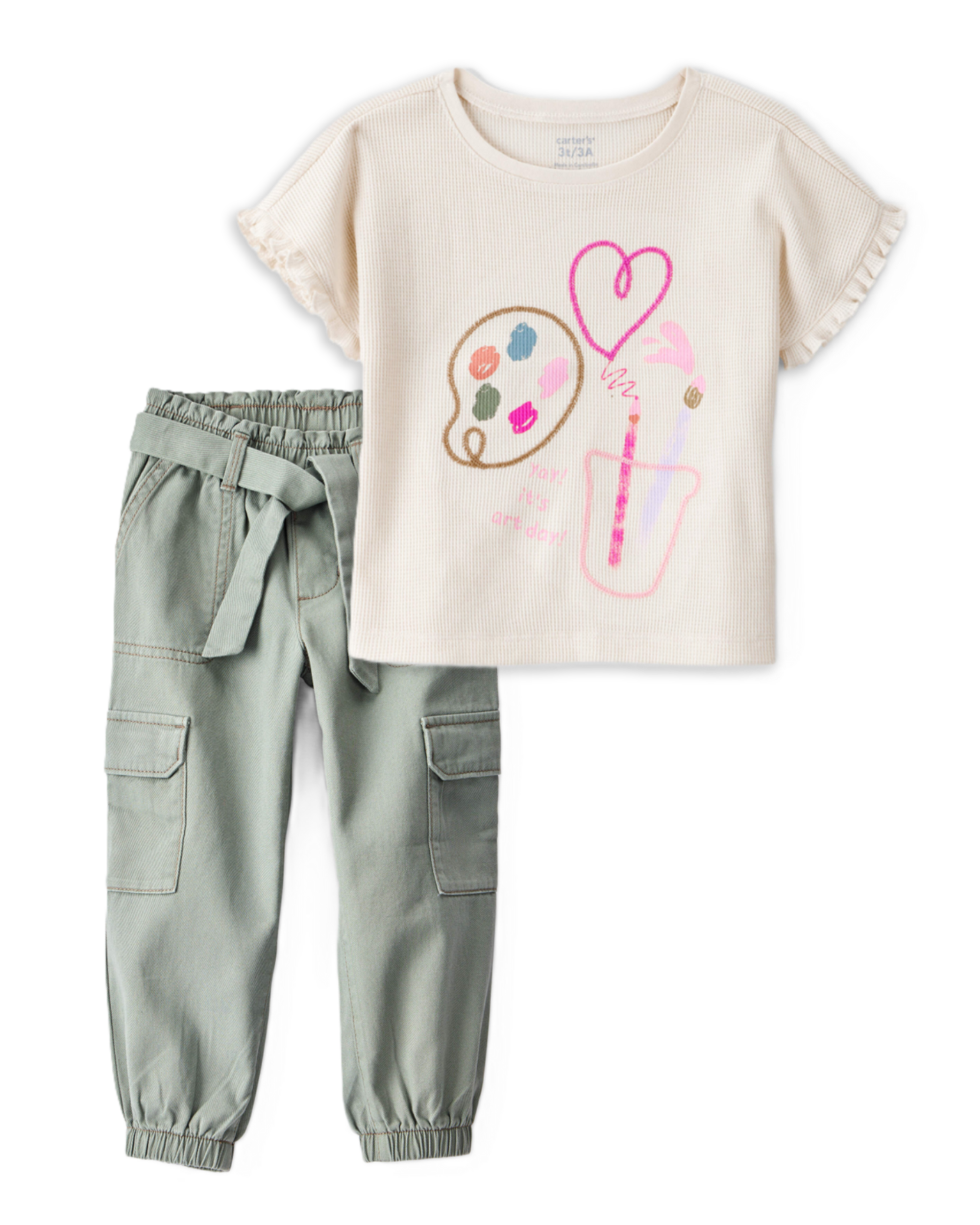 Toddler Girl 2-Piece Arts & Crafts Top & Cotton Cargo Joggers Set - Ivory/Green