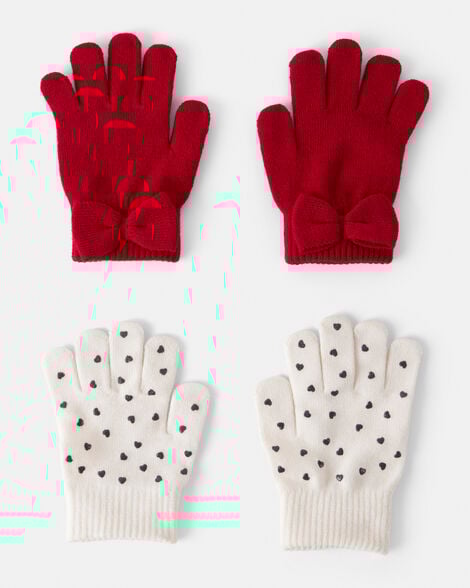 girls 2-pack heart & bow winter gloves - red/cream