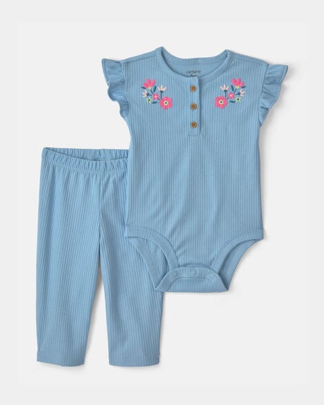 baby girl 2-piece floral bodysuit & pant set - blue