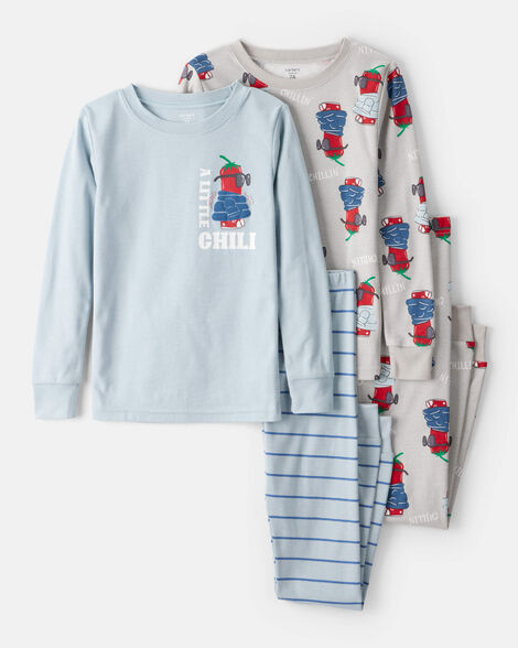 boys chili pepper print 100% cotton long-sleeve snug fit 4-piece pajamas - blue