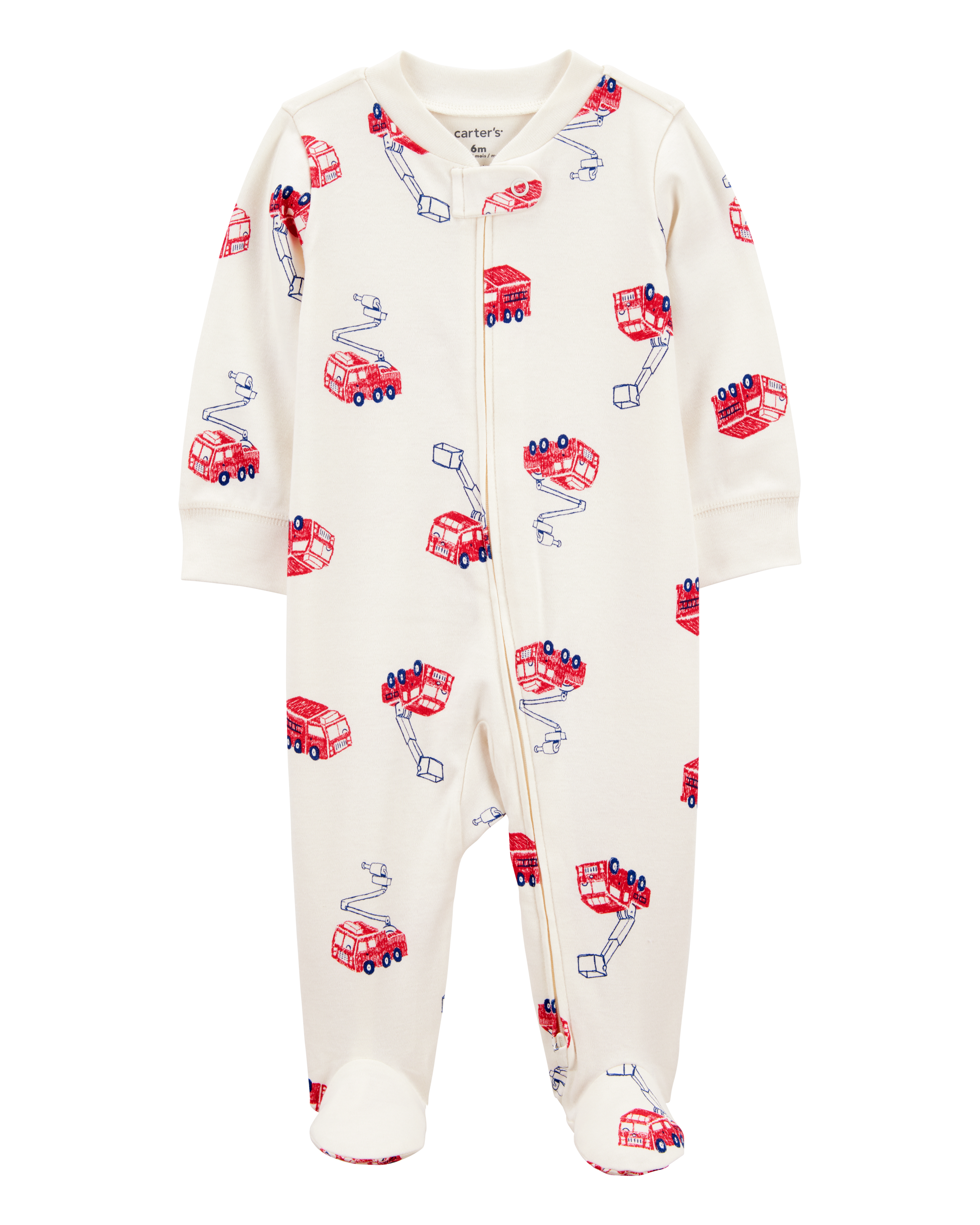 Baby Boy Fire Truck Print 2-Way Zip Cotton Sleep & Play Pajamas - Cream