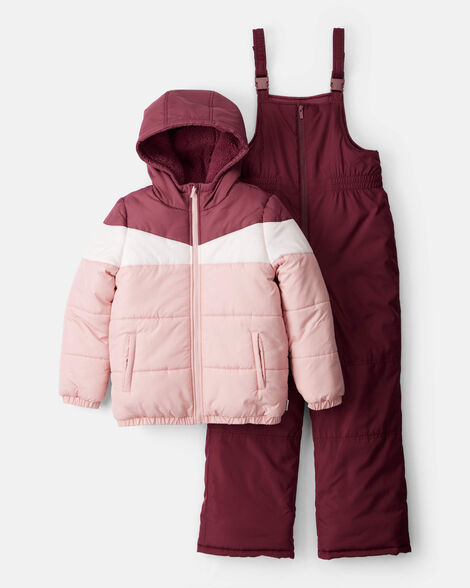 girls 2-piece color block hooded snowsuit jacket & bib set - pink/red