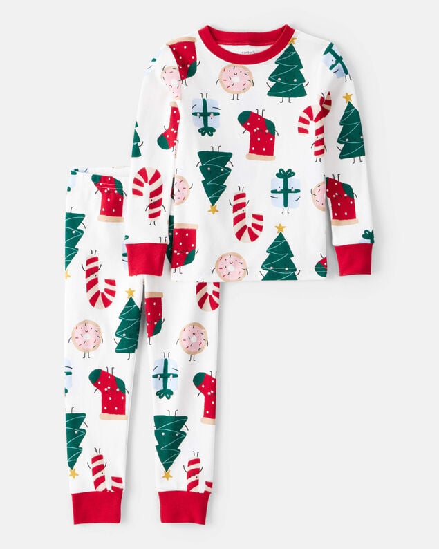 Product image 1 of Toddler Santa Print 100% Cotton Long-Sleeve 2-Piece Pajamas - White