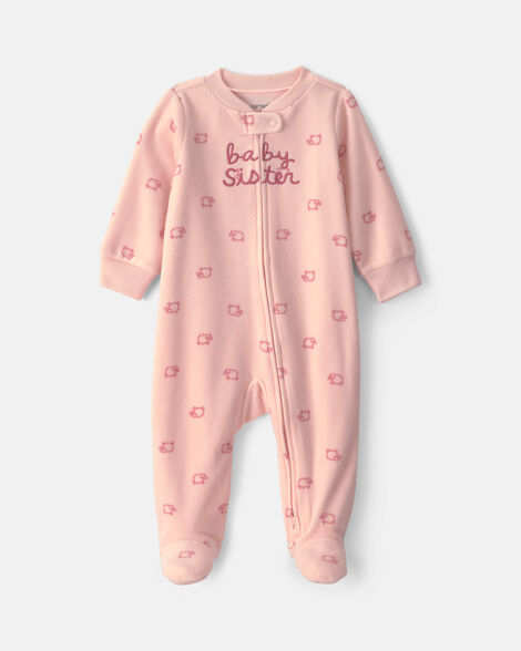 baby girl 'baby sister' fleece 2-way zip sleep & play pajamas - pink