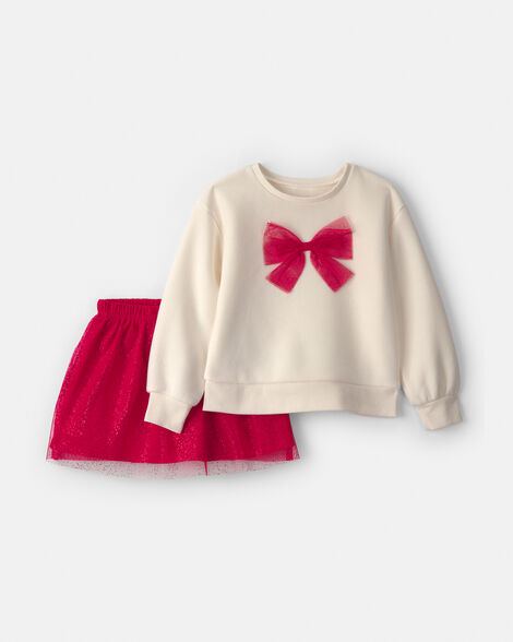 girls tulle bow fleece long-sleeve top & skort set - cream/red