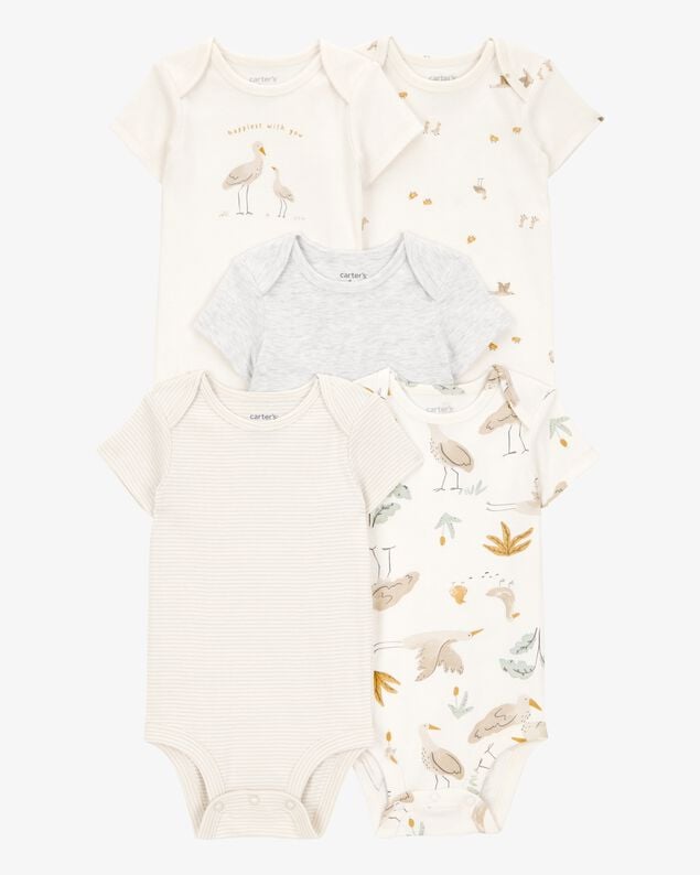 Product image 1 of Baby 5-Pack Striped Birds Short-Sleeve Cotton Bodysuits - Ivory