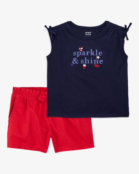 Product image 1 of Toddler 2-Piece Sparkle & Shine 4th Of July Tee & Twill Bow Shorts Set - Navy/Red