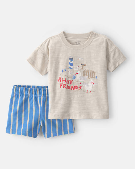 toddler boy 2-piece seagull top & short set - brown/blue