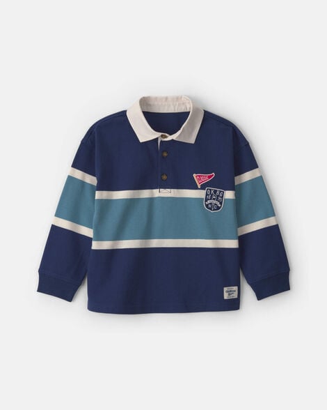 Toddler Boy Varsity Striped Long-Sleeve Polo Shirt - Navy Blue