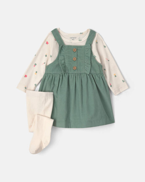 baby girl 3-piece corduroy long-sleeve dress set - green/cream