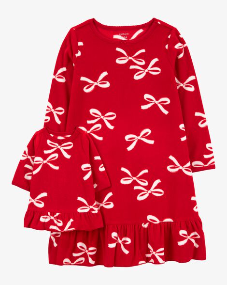  Product image 1 of 2-Piece Bow Print Fleece Nightgown & Doll Nightgown Set