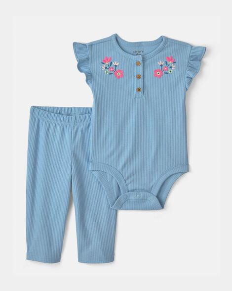 baby girl 2-piece floral bodysuit & pant set - blue