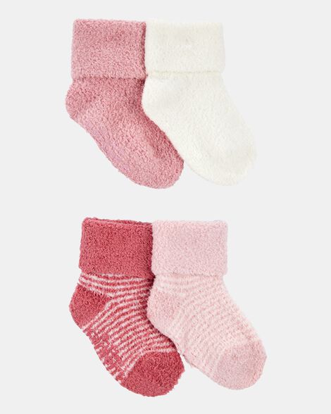 baby girl 4-pack chenille foldover cuff booties - pink/white