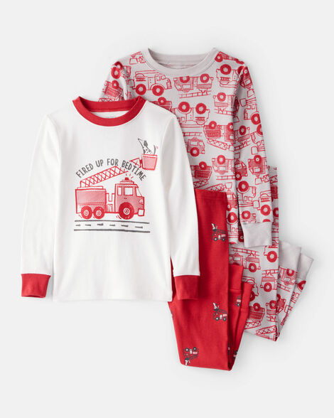 toddler boy firetruck print 100% cotton long-sleeve snug fit 4-piece pajamas - red/white