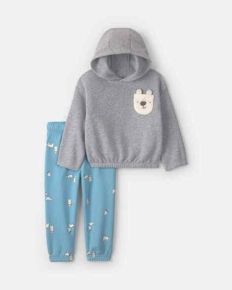 baby boy 2-piece polar bear fleece hooded top & pant set - grey/blue
