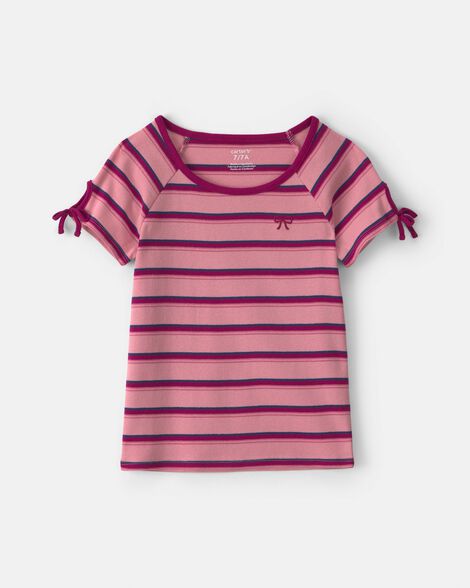 girls bow striped top - pink