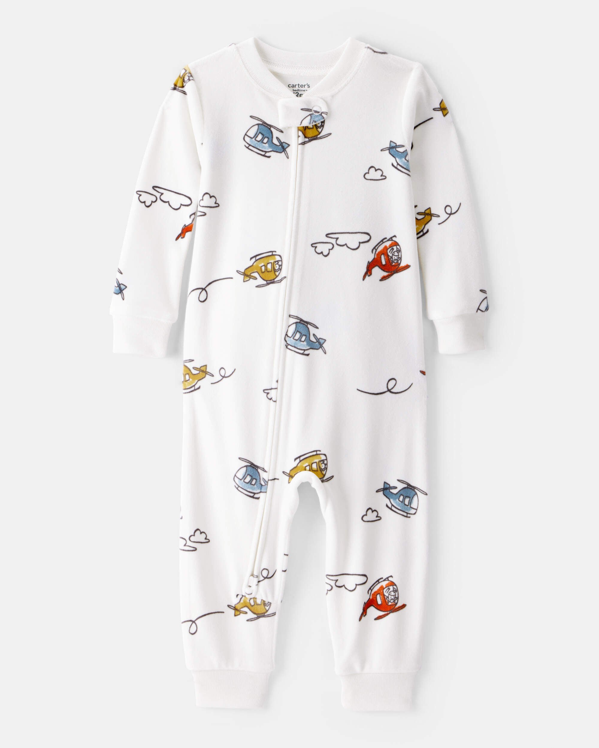 Toddler Boy Helicopter Print Snug Fit Long-Sleeve 2-Way Zip 1-Piece Pajamas - White