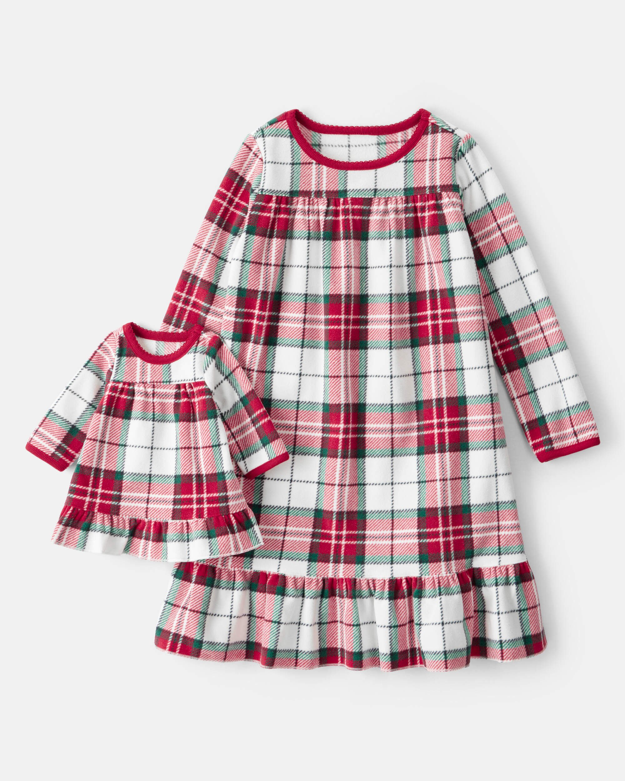 Girls 2-Piece Buffalo Check Print Fleece Long-Sleeve Loose Fit Night Gown & Matching Doll - Red/White