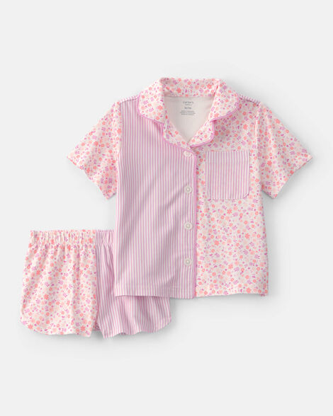 toddler girl floral striped short-sleeve loose fit 2-piece pajama set - pink
