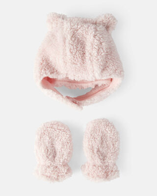 Product image 1 of Baby Girl Sherpa Winter Hat & Mittens Set - Pink