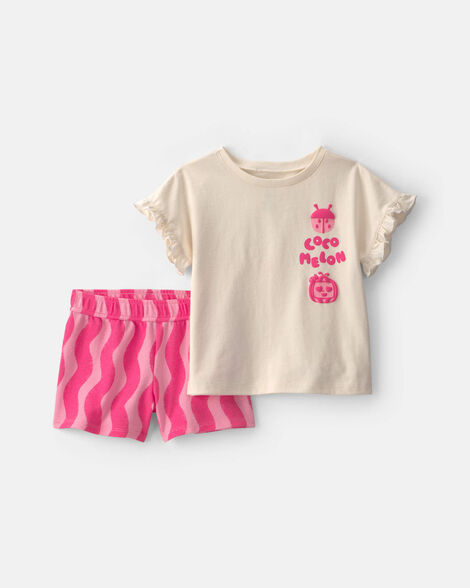 toddler girl 2-piece cocomelon short-sleeve top & short set - pink/ivory