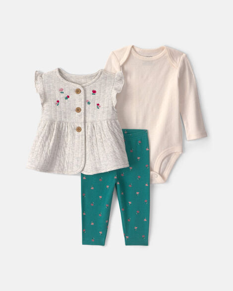 baby girl 3-piece floral long-sleeve layering set - grey