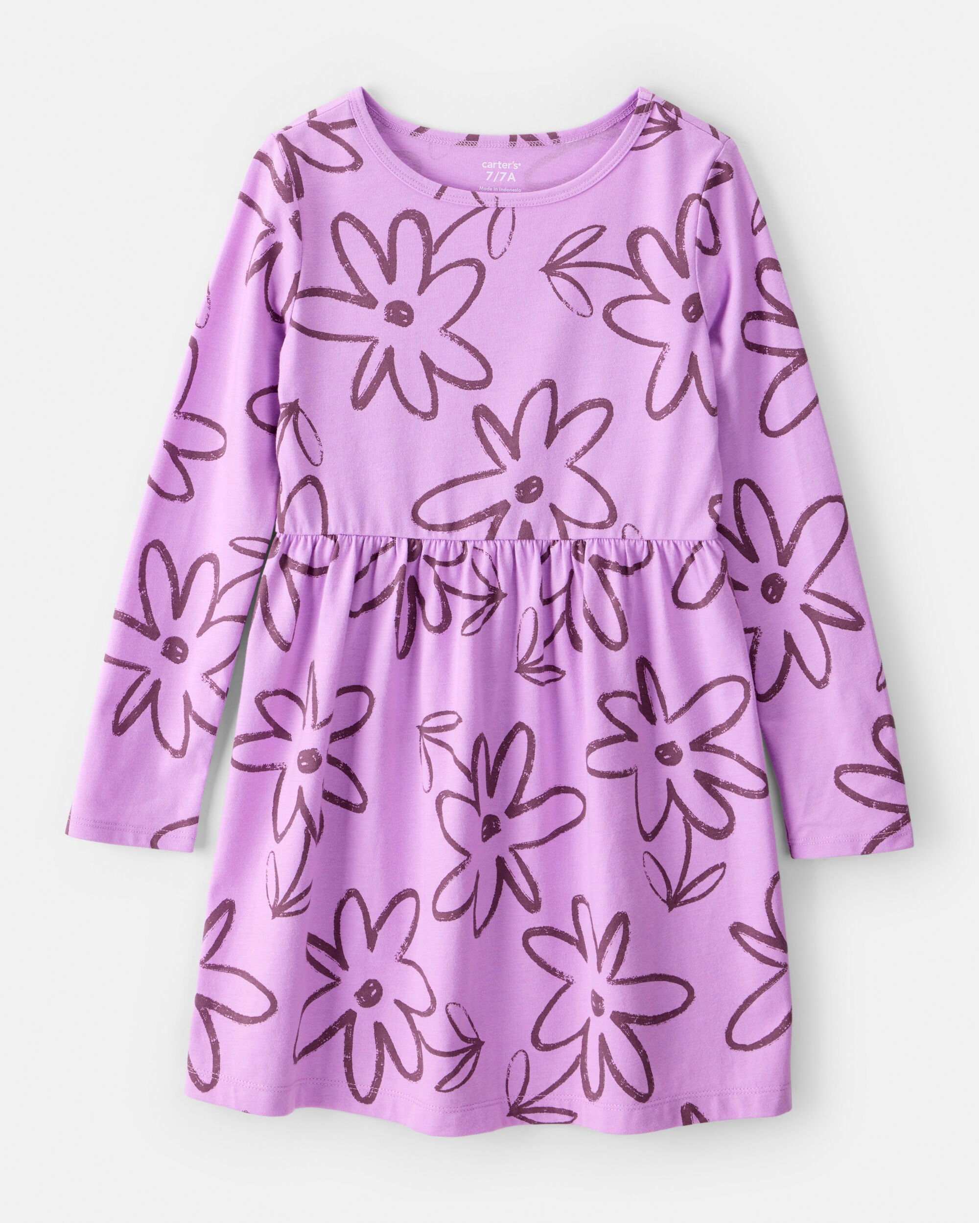 Girls Floral Long-Sleeve Dress - Purple