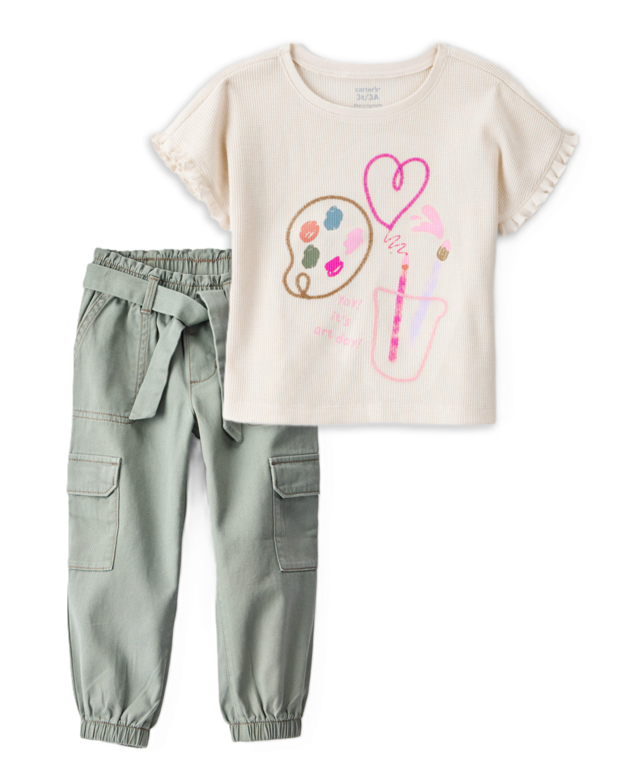 Toddler Girl 2-Piece Arts & Crafts Top & Cotton Cargo Joggers Set - Ivory/Green