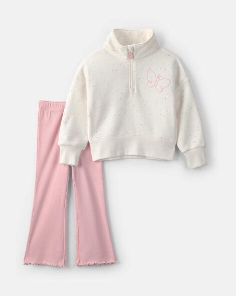 baby girl 2-piece butterfly long-sleeve quarter-zip top & pant set - cream/pink