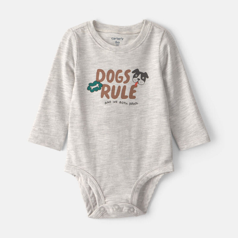 Baby 'Dogs Rule' Long-Sleeve Graphic Bodysuit - Heather Grey
