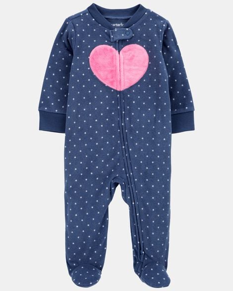 baby girl heart print loose fit long-sleeve sleep & play pajamas - navy