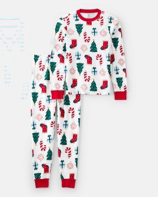 Product image 1 of Adult Christmas Print 100% Cotton Long-Sleeve 2-Piece Pajamas - White