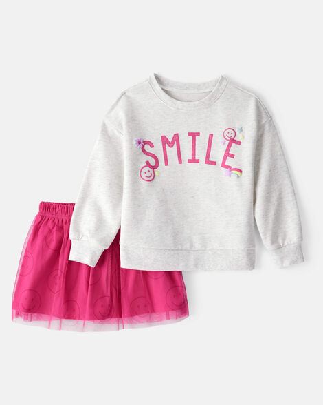 toddler girl smile long-sleeve top & tulle skort set - grey/pink