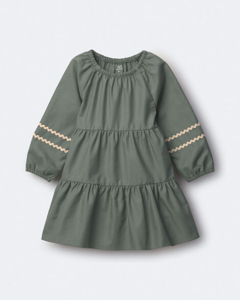 Toddler Girl Rick-Rack Long-Sleeve Tiered Dress - Olive