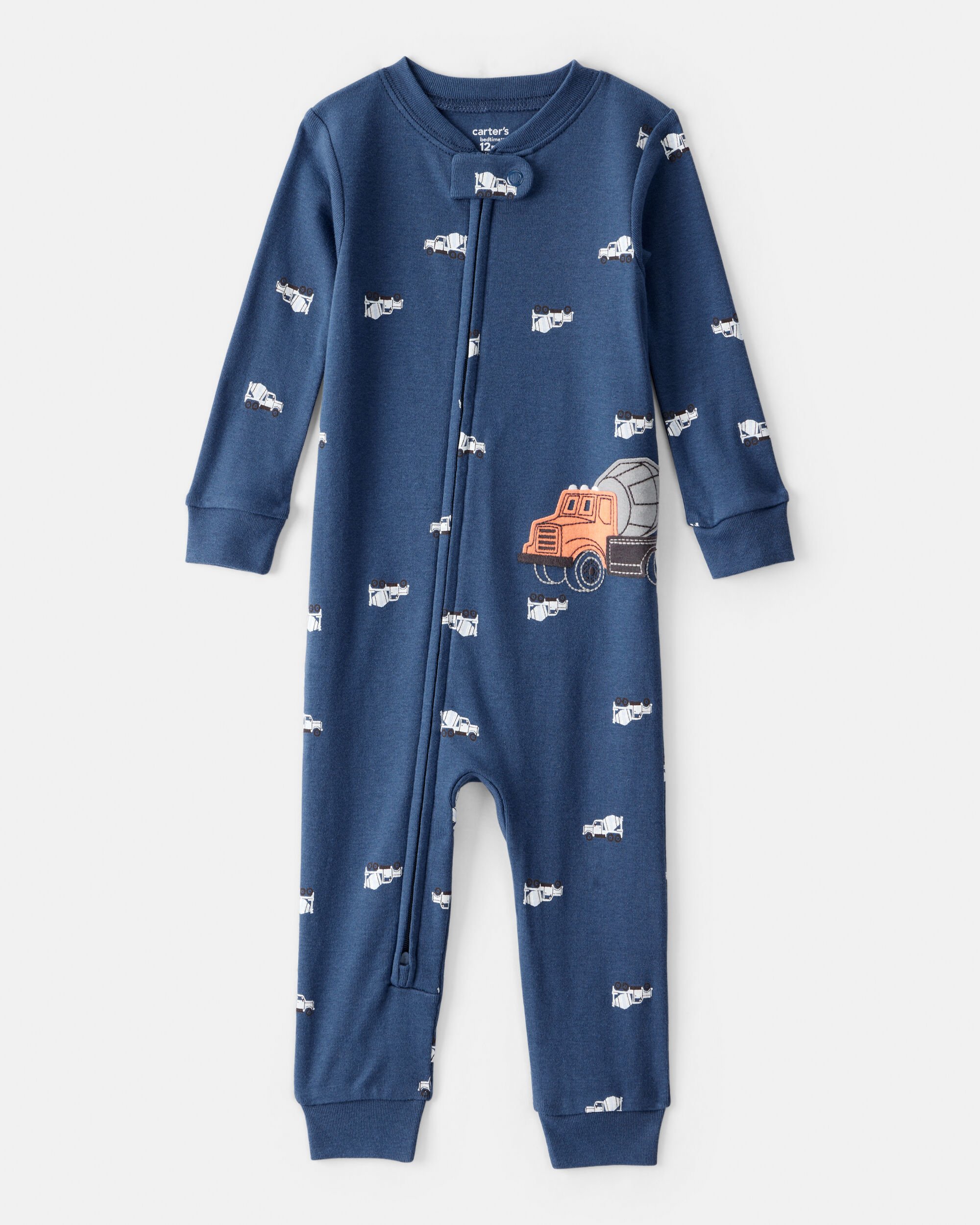 Toddler Boy Construction 100% Cotton 2-Way Zip 1-Piece Pajamas - Navy